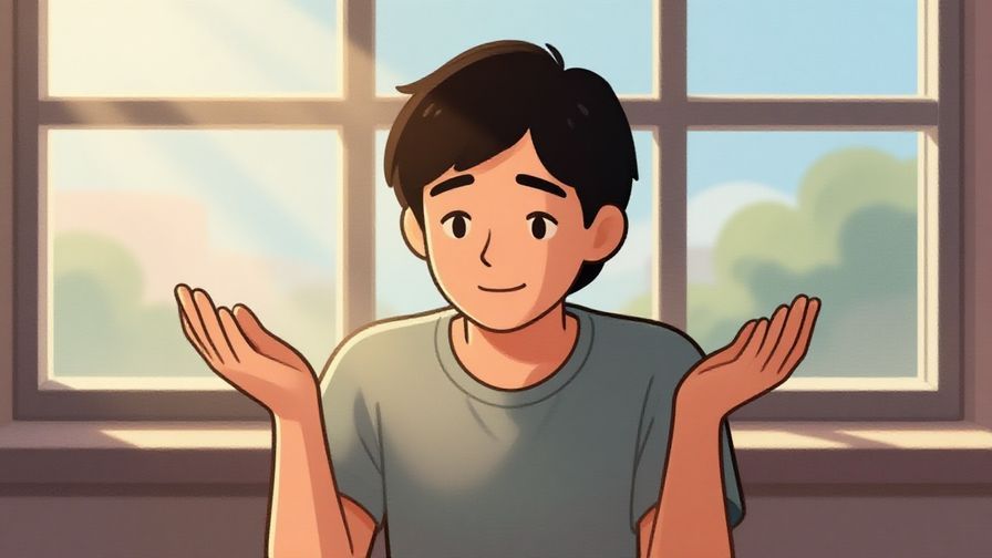 Illustration of a person shrugging lightly with a gentle smile, sunlight streaming through a window, and soft pastel backgrounds