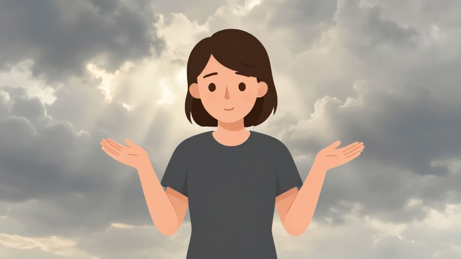 Illustration of a person shrugging softly with a gentle smile, standing under a cloudy sky with soft rays breaking through