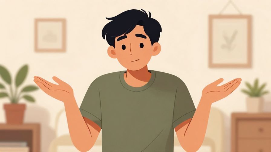 Illustration of a person shrugging with a carefree smile, casual home setting
