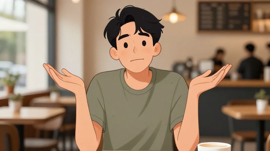Illustration of a person shrugging with a cheeky smile, casual café background