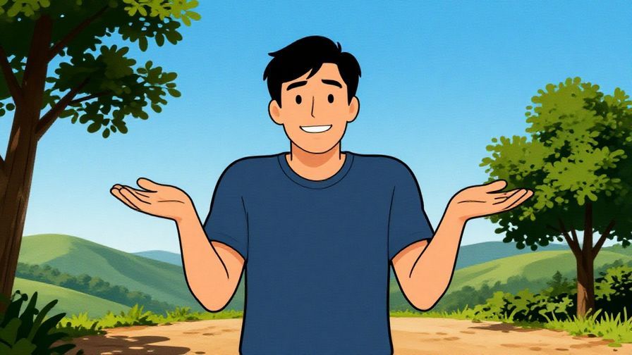 Illustration of a person shrugging with a confident smile, standing on a sunny hilltop with a clear blue sky
