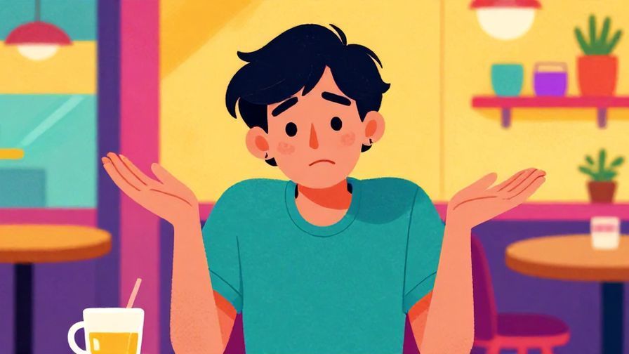 Illustration of a person shrugging with a hesitant smile, colorful cafe background, vibrant colors, illustrated style