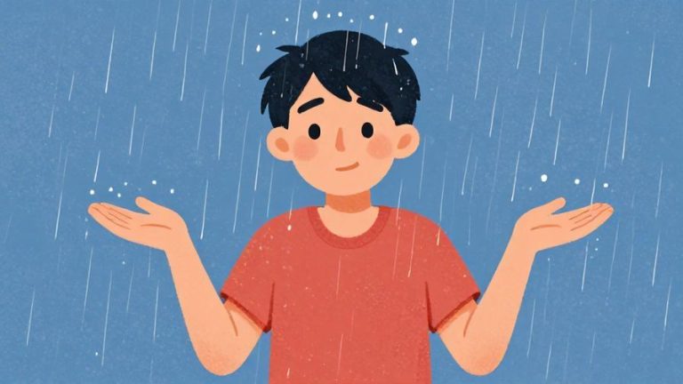 Illustration of a person shrugging with a light smile, standing in a gentle rain, symbolizing acceptance of uncontrollable situations, vibrant colors, illustrated style