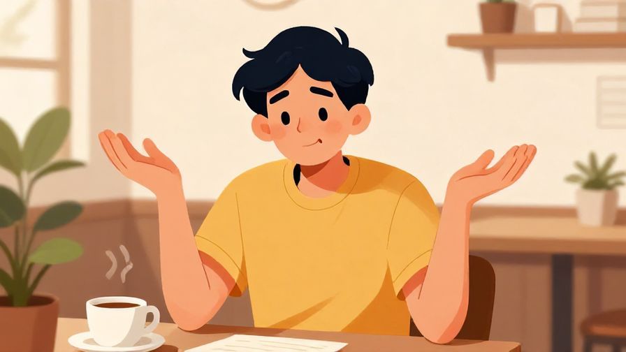 Illustration of a person shrugging with a playful smile, casual café or home setting, warm colors