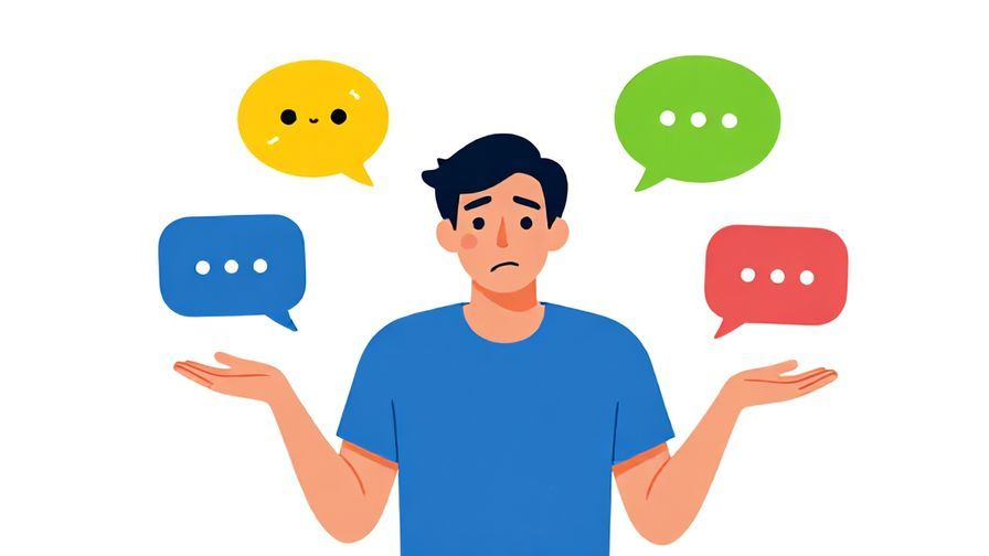 Illustration of a person shrugging with a playful smile, surrounded by colorful speech bubbles symbolizing jokes