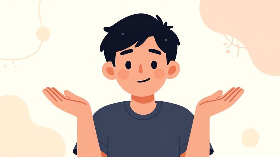 Illustration of a person shrugging with a playful smirk, soft background with abstract shapes