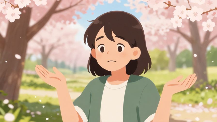 Illustration of a person shrugging with a playful smirk, sunny park background with cherry blossoms