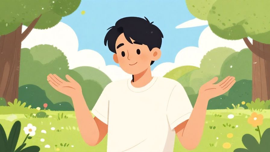 Illustration of a person shrugging with a relaxed smile, sunny park setting