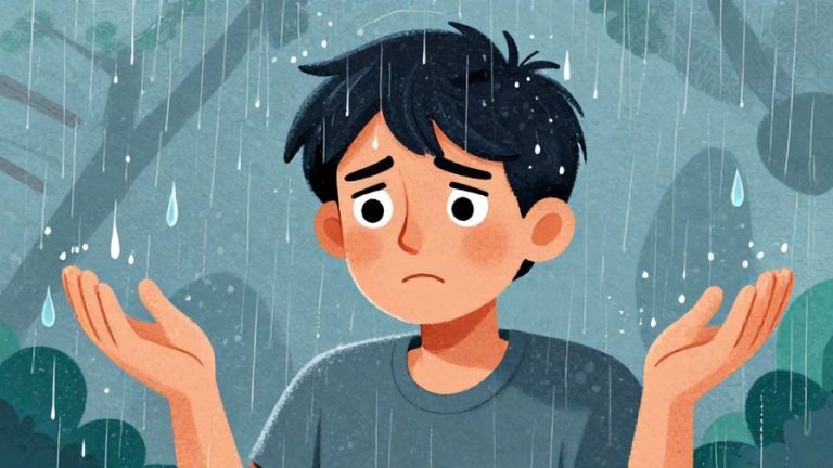 Illustration of a person shrugging with a slightly frustrated expression, raindrops falling softly around, detailed background, vibrant colors, illustrated style