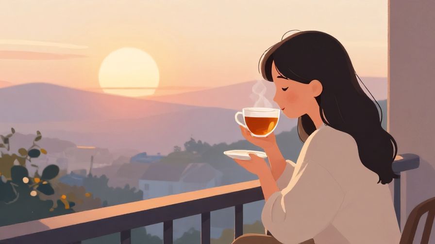 Illustration of a person sipping tea on a balcony with a sunrise view, peaceful and calm atmosphere, soft colors