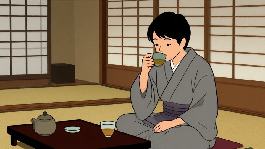 Illustration of a person sipping tea slowly in a traditional Japanese room, calm and composed expression