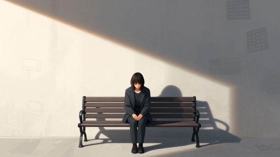 Illustration of a person sitting alone on a bench looking down, with shadows symbolizing betrayal falling behind