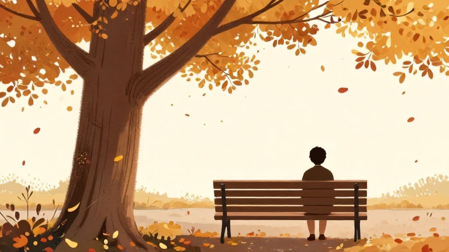 Illustration of a person sitting alone on a park bench under a tree with falling leaves, soft lighting, warm colors, illustrated style