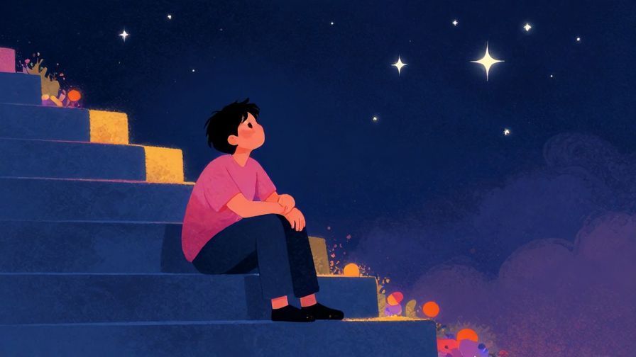 Illustration of a person sitting alone on stairs at night, looking up sadly at the stars, vibrant colors, illustrated style