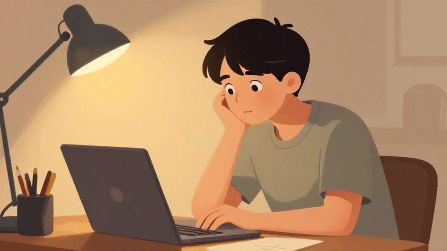 Illustration of a person sitting at a desk, looking expectantly at a laptop, warm lighting, illustrated style