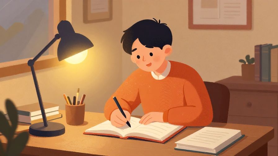 Illustration of a person sitting at a desk surrounded by study materials and a glowing lamp, focused and optimistic, warm cozy room colors