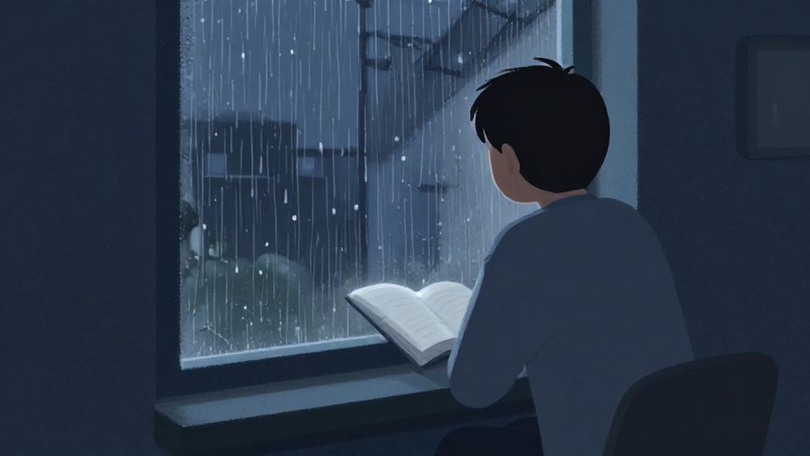Illustration of a person sitting by a window with rain falling outside, a soft indoor glow, muted blue tones, illustrated style