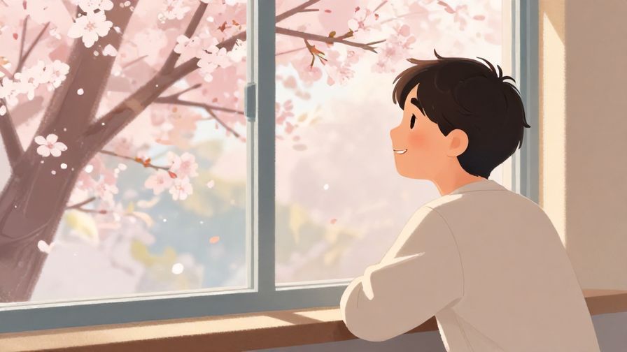 Illustration of a person sitting by a window with a gentle smile, watching cherry blossoms outside in soft afternoon light