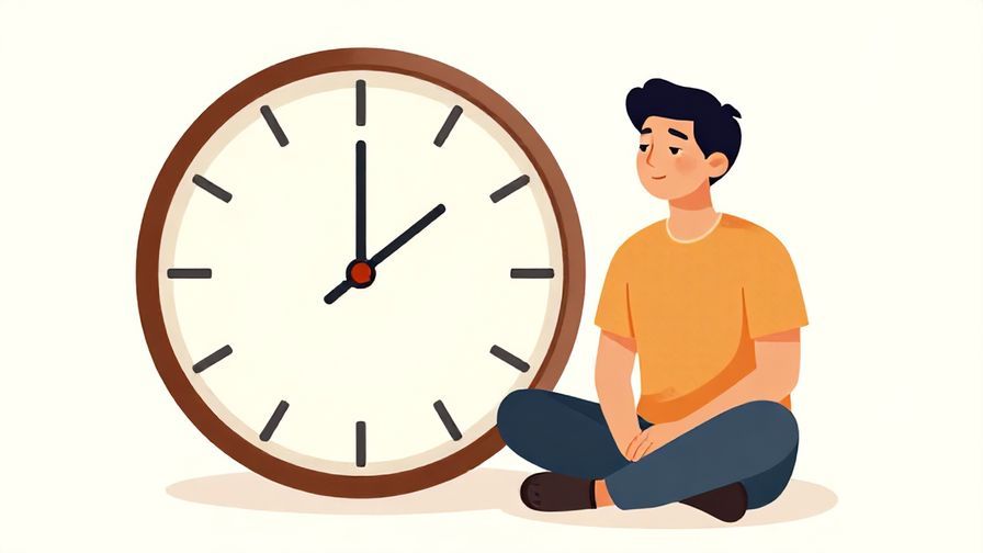 Illustration of a person sitting calmly beside a slowly ticking clock, relaxed and peaceful, warm colors, illustrated style