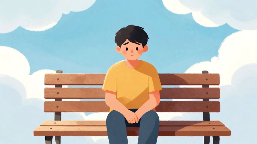 Illustration of a person sitting on a bench with a cloudy sky overhead, expression sad but calm, vibrant illustrated style