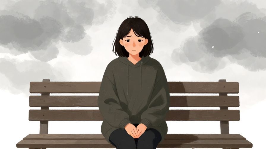 Illustration of a person sitting on a bench with a gloomy expression, cloudy sky in background, soft tones, illustrated style