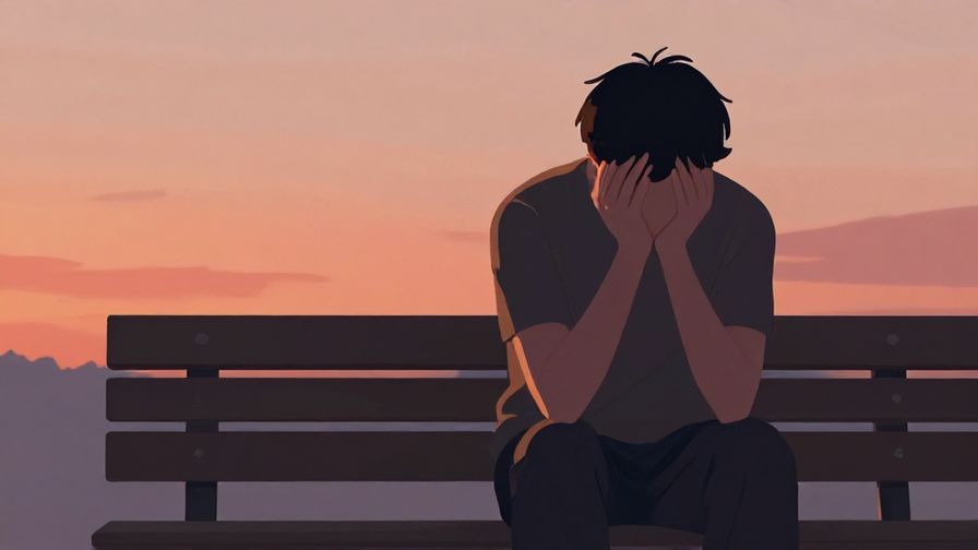 Illustration of a person sitting on a bench with their head in their hands, sunset sky in the background, soft shadows, illustrated style