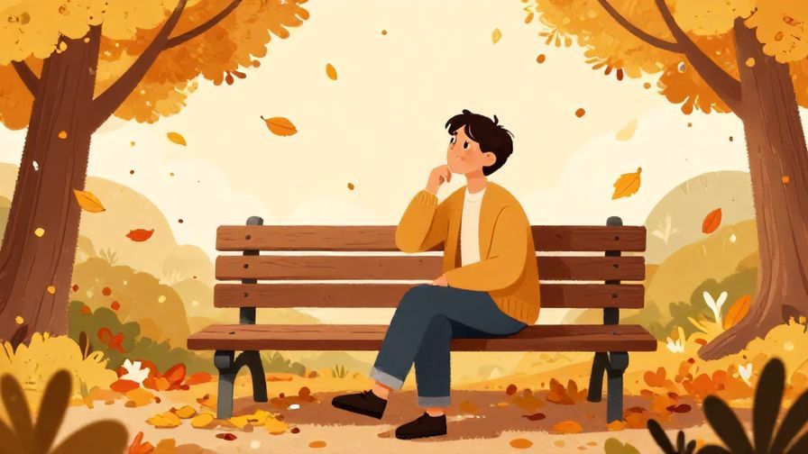 Illustration of a person sitting on a park bench watching falling autumn leaves, thoughtful expression, warm tones, vibrant colors, illustrated style
