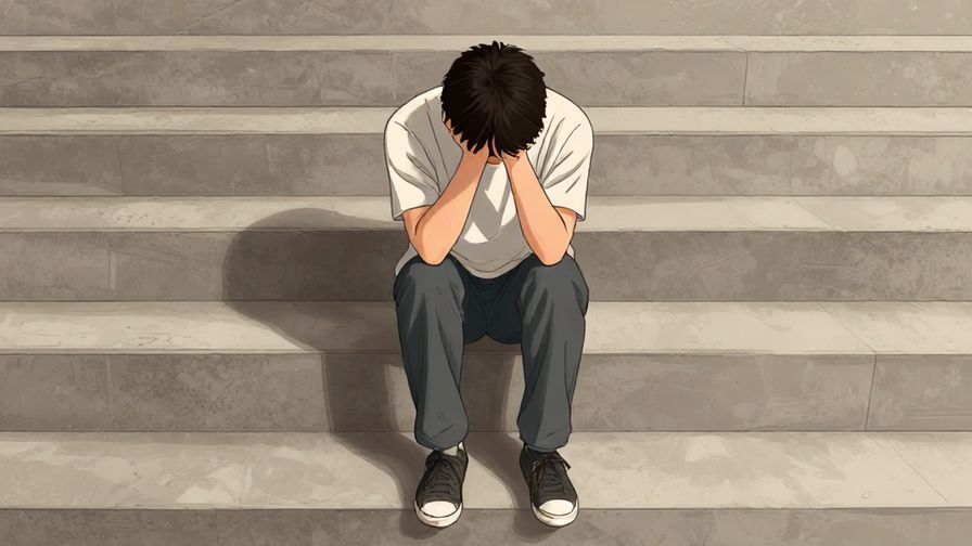 Illustration of a person sitting on stairs with head down, shadows and muted colors to express feeling down, detailed background, illustrated style