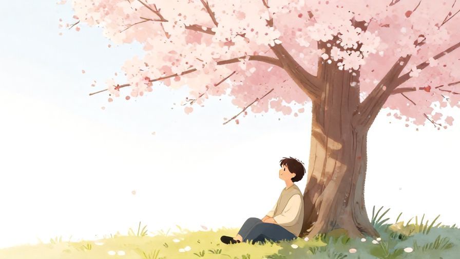 Illustration of a person sitting peacefully under a blooming tree, looking content and serene, soft pastel colors, illustrated style