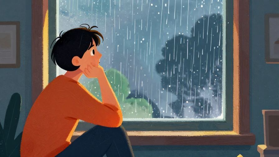 Illustration of a person sitting quietly by a window, watching rain fall outside, soft indoor lighting symbolizing introspection, vibrant colors, illustrated style