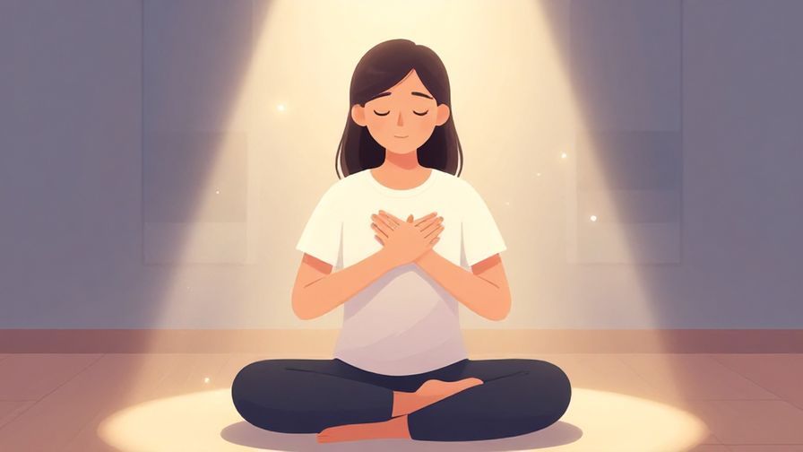 Illustration of a person sitting quietly, eyes closed, hand on heart, surrounded by soft glowing light in a peaceful room