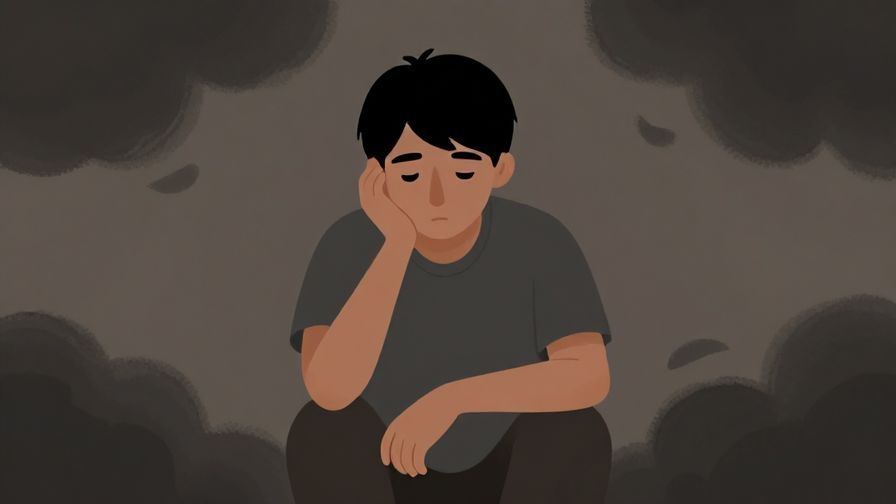 Illustration of a person sitting quietly with a tired expression, surrounded by soft dark clouds, muted colors