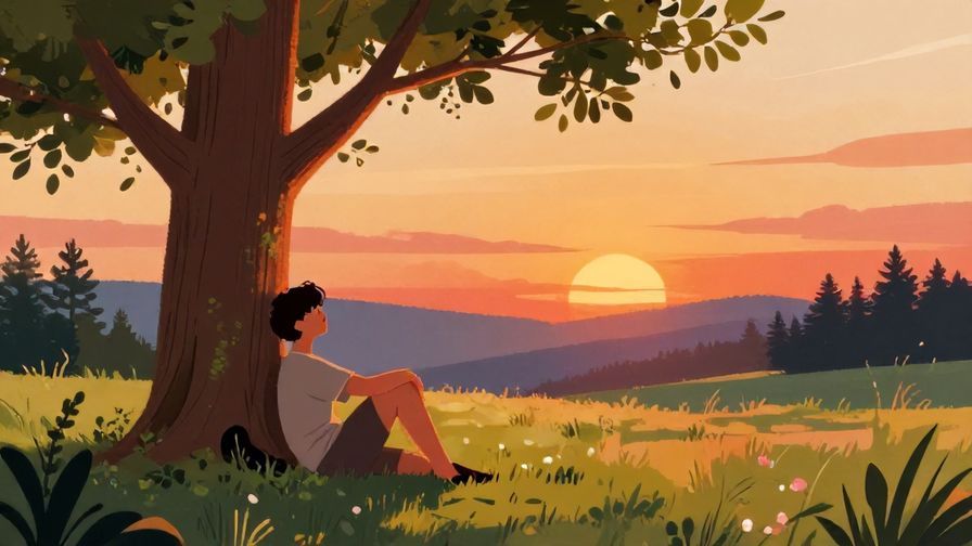 Illustration of a person sitting relaxed under a tree, watching the sunset peacefully, detailed background, vibrant colors, illustrated style
