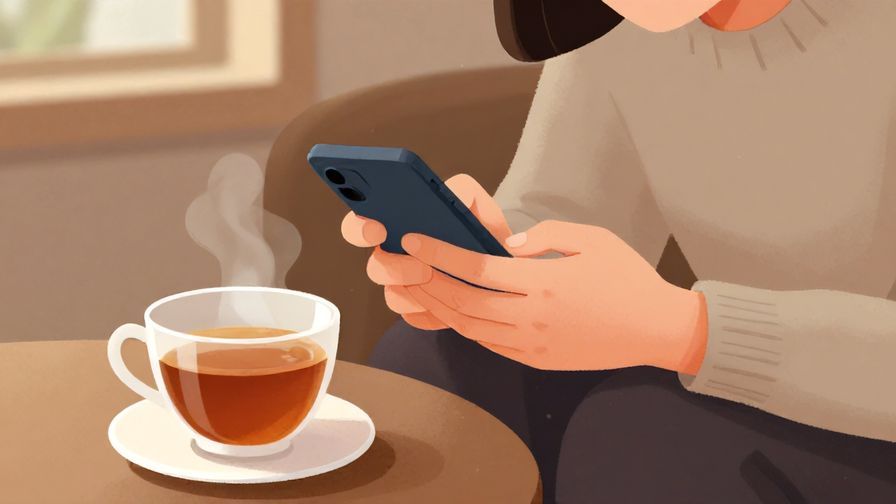 Illustration of a person sitting relaxed with a cup of tea, holding a phone gently, soft indoor lighting, cozy atmosphere