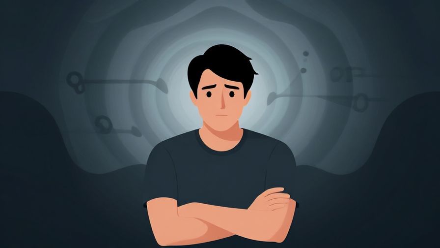 Illustration of a person sitting with arms crossed looking thoughtful, a shadowy wave pattern in the background symbolizing ups and downs