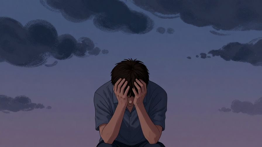 Illustration of a person sitting with head in hands, dark clouds above, muted blues and purples, detailed illustrated style