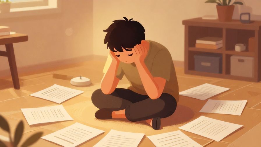 Illustration of a person sitting with head in hands, surrounded by scattered papers and items, warm indoor lighting