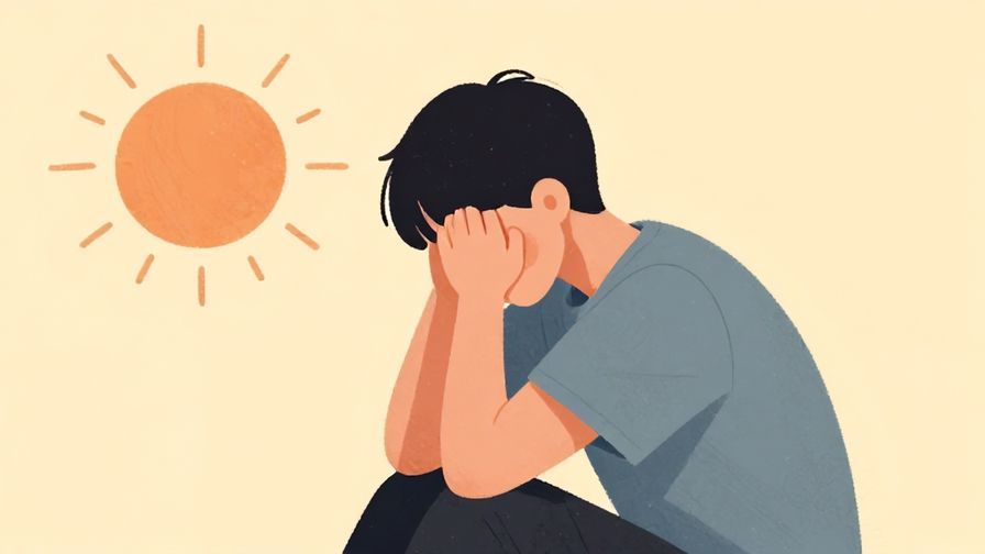 Illustration of a person sitting with shoulders slumped, a sinking sun in the background symbolizing mood dropping, gentle colors, illustrated style