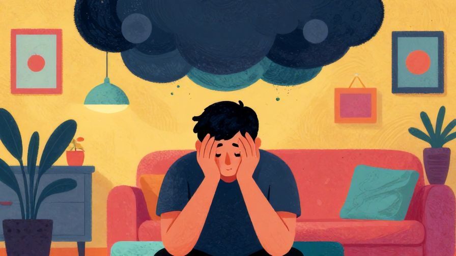 Illustration of a person sitting with their head in hands, a dark cloud hovering above, colorful room in the background, vibrant colors, illustrated style