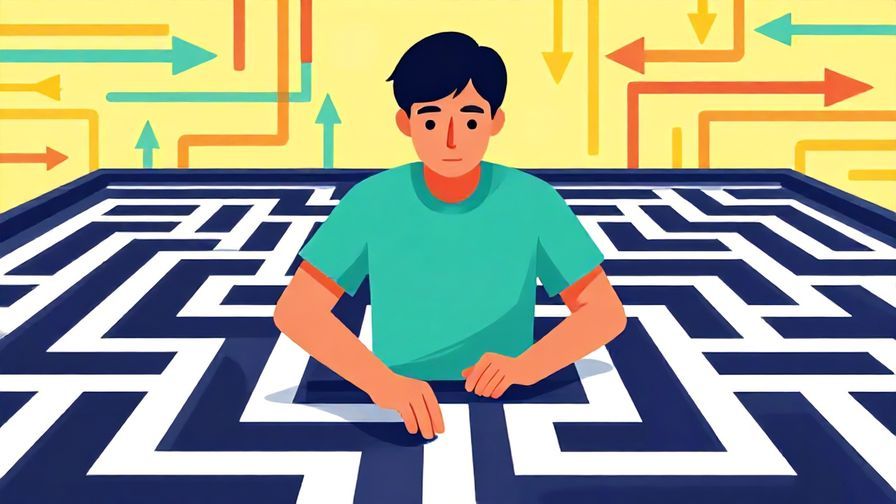 Illustration of a person skillfully navigating a maze, calm and focused expression, stylized background with arrows and pathways, vibrant colors