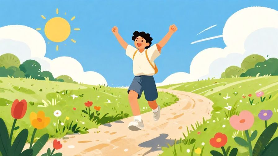 Illustration of a person skipping happily along a path with flowers and sunshine, bright and cheerful style