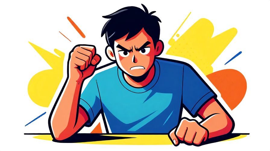 Illustration of a person slamming a fist on a table with a determined yet frustrated expression, vibrant colors and dynamic lines