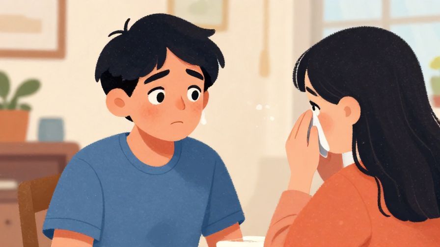 Illustration of a person slightly shaking their finger with a playful yet caring expression, another person wiping away tears, cozy home background, colorful, illustrated style