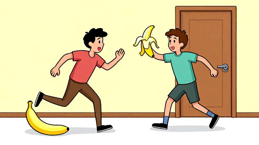 Illustration of a person slipping on a banana peel then bumping into a door, comic style, bright colors, illustrated style