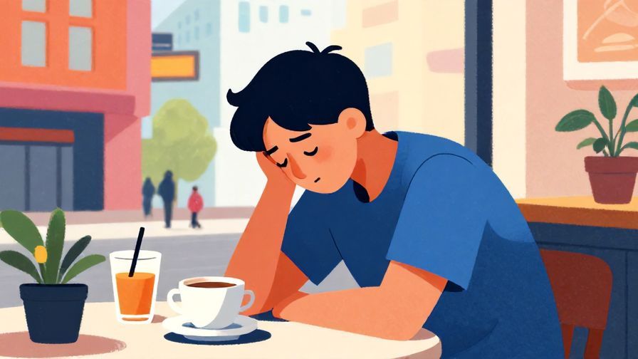 Illustration of a person slouching with a tired face, city café setting, vibrant colors, illustrated style