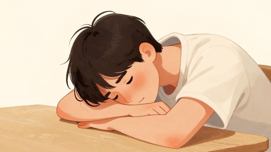 Illustration of a person slumped over a table, expression tired and emotionally drained, soft warm colors, illustrated style