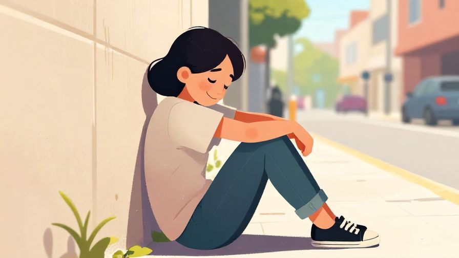 Illustration of a person slumping against a wall with a defeated smile, casual street background, bright colors, illustrated style