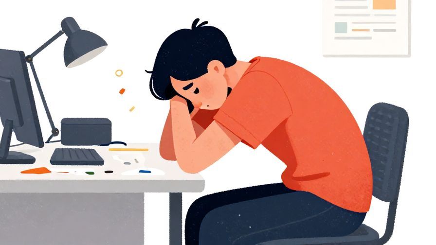 Illustration of a person slumping in a chair with a defeated look, messy desk background, bright colors, illustrated style