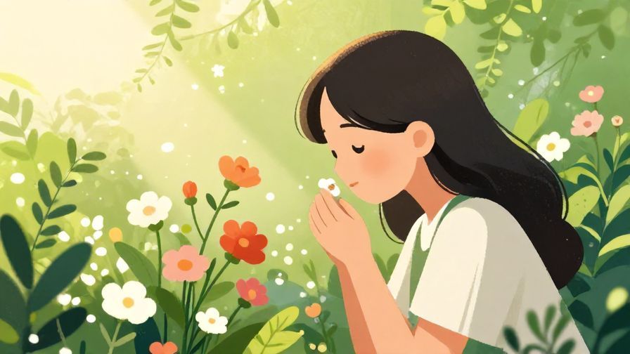 Illustration of a person smelling flowers with delight, surrounded by fresh greenery and sunlight