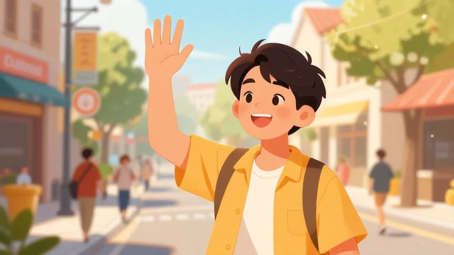 Illustration of a person smiling and waving goodbye in a sunny street setting, warm afternoon colors, friendly and upbeat